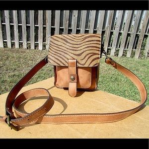 Vintage PATRICIA NASH Leather Zebra Print Calf Hair CROSSBODY BAG Saddle Tan